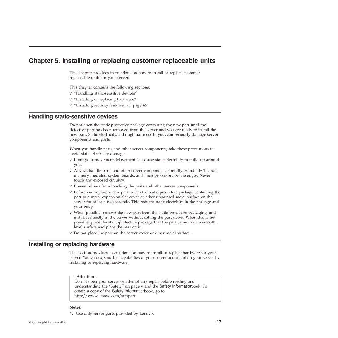 Lenovo TS200V manual Installing or replacing customer replaceable units, Handling static-sensitive devices 