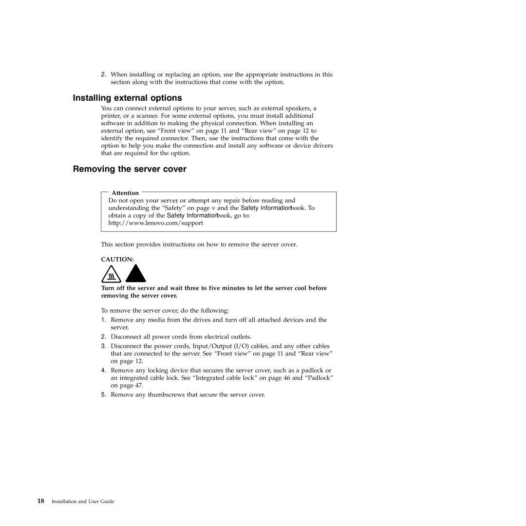 Lenovo TS200V manual Installing external options, Removing the server cover 