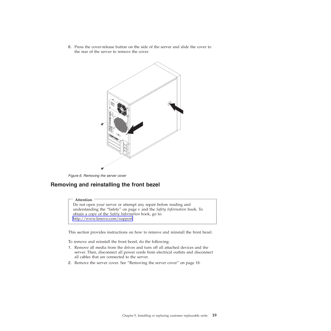 Lenovo TS200V manual Removing and reinstalling the front bezel, Removing the server cover 