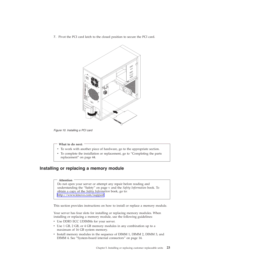 Lenovo TS200V manual Installing or replacing a memory module, Installing a PCI card 