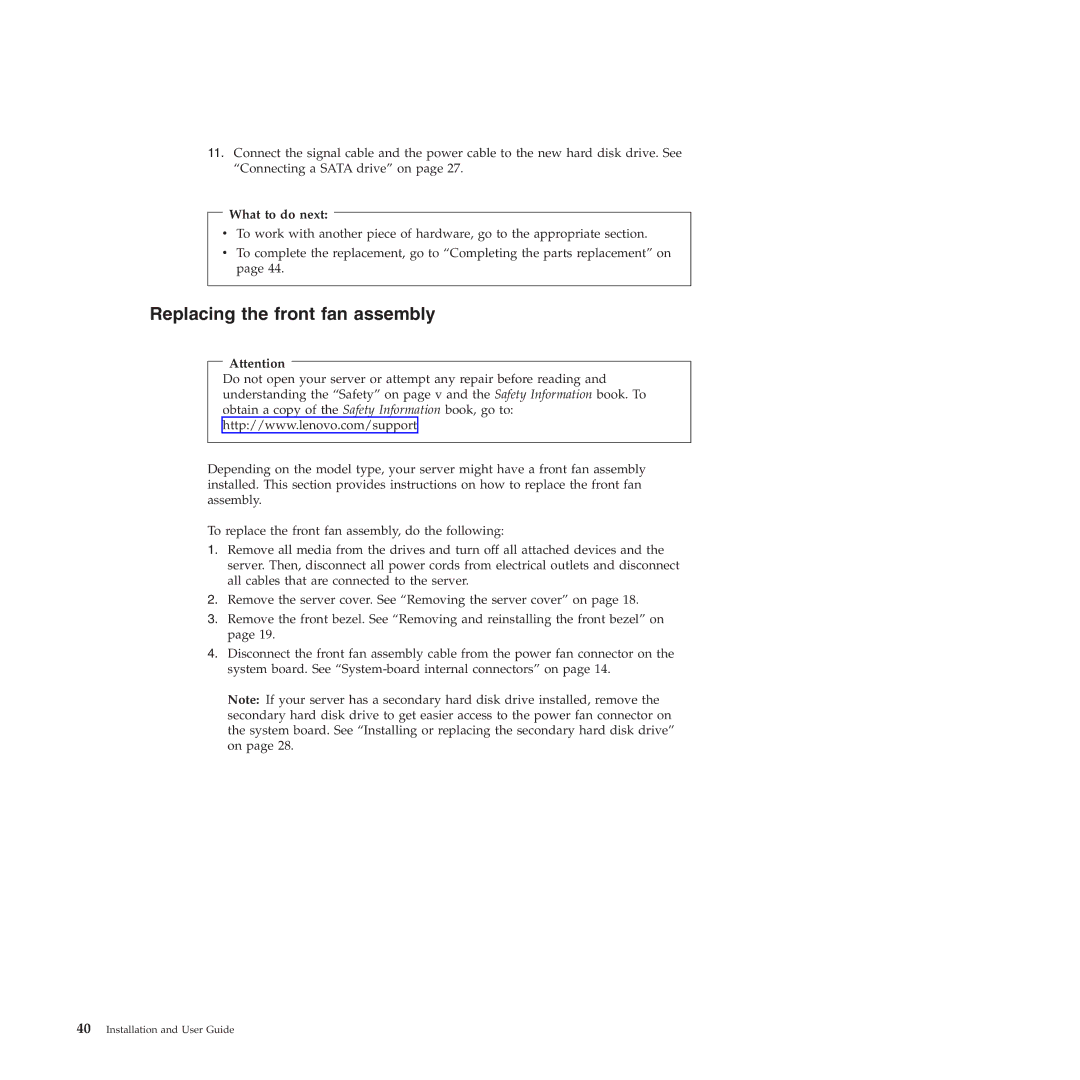 Lenovo TS200V manual Replacing the front fan assembly 