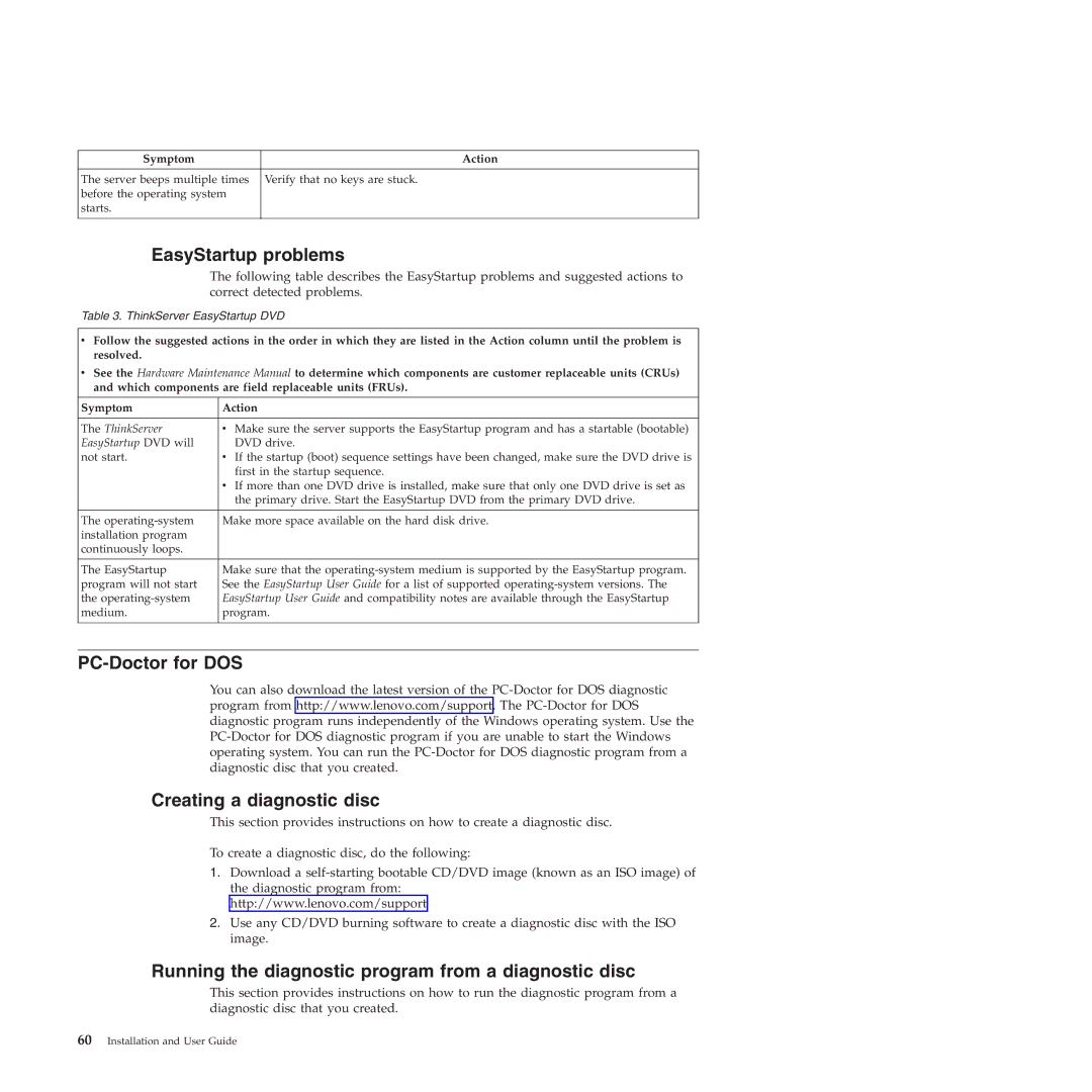 Lenovo TS200V manual EasyStartup problems, PC-Doctor for DOS Creating a diagnostic disc 
