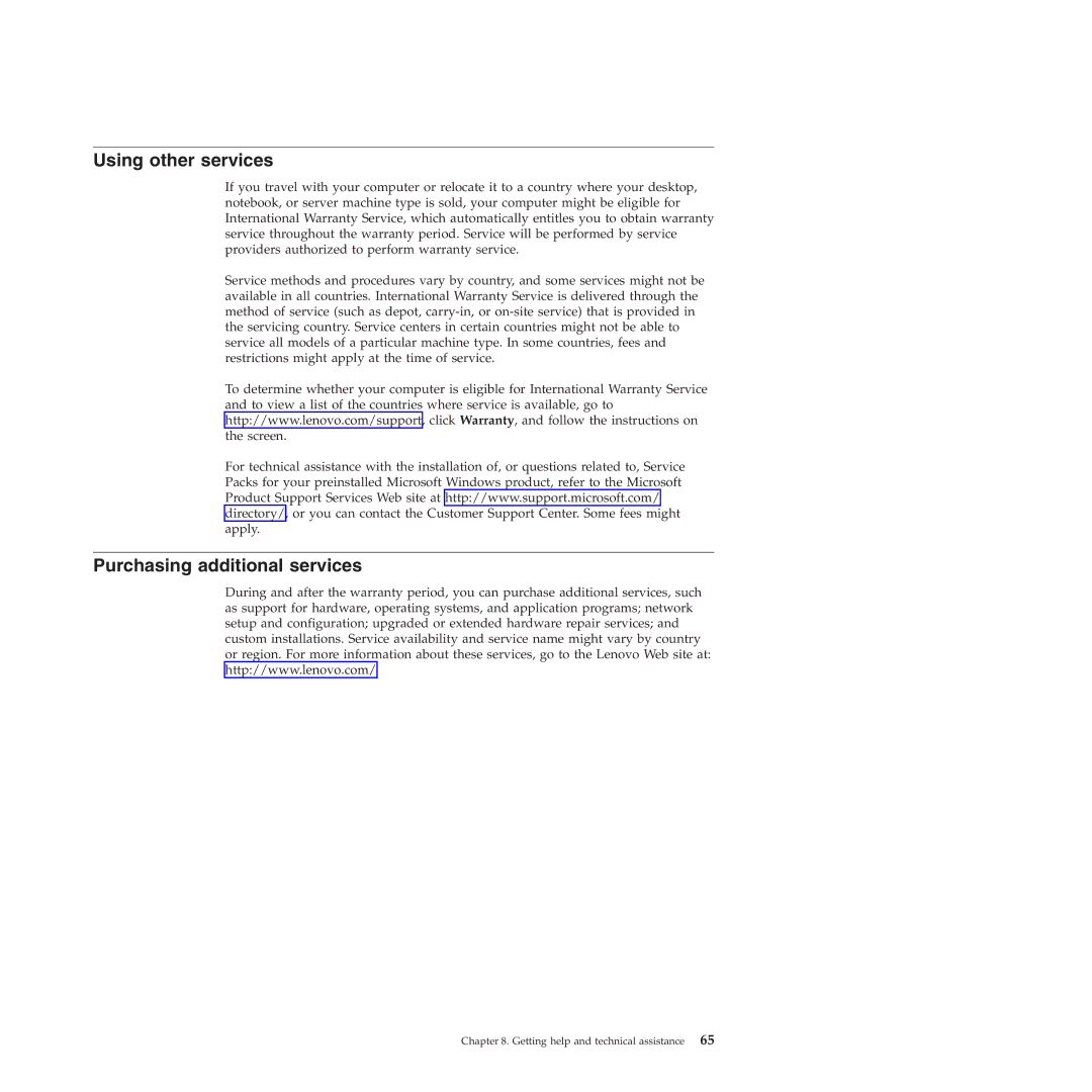Lenovo TS200V manual Using other services, Purchasing additional services 