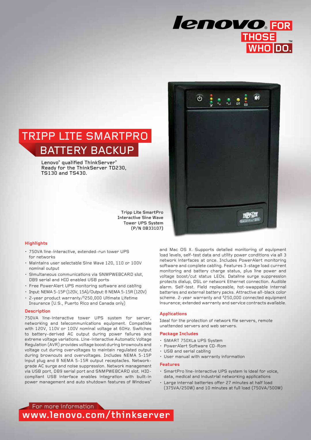 Lenovo TS430 warranty For more information, Tripp Lite Smartpro Battery Backup, Highlights, Description, Applications 