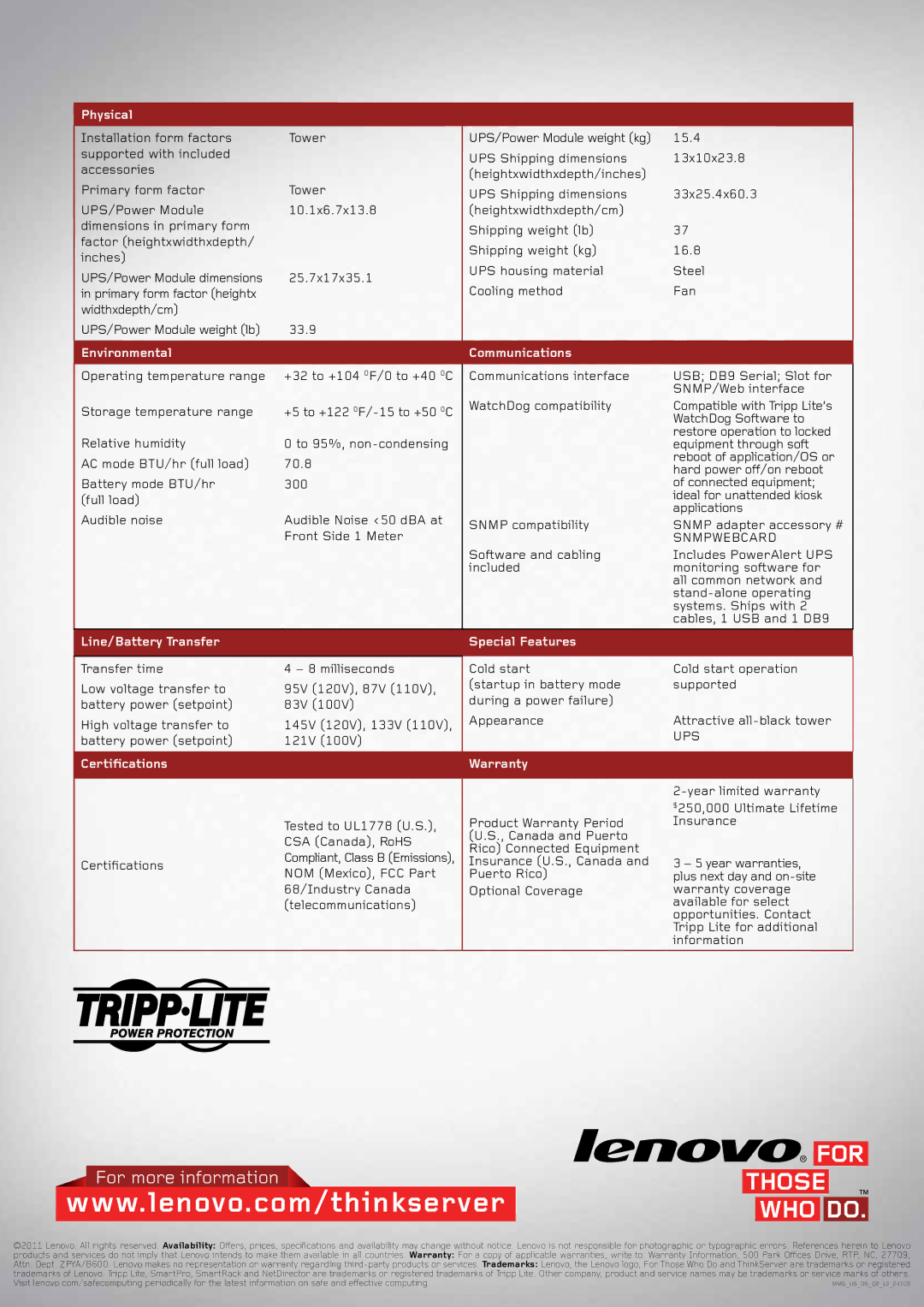 Lenovo TS430 Physical, Environmental Communications, Line/Battery Transfer, Certifications, Special Features, Warranty 