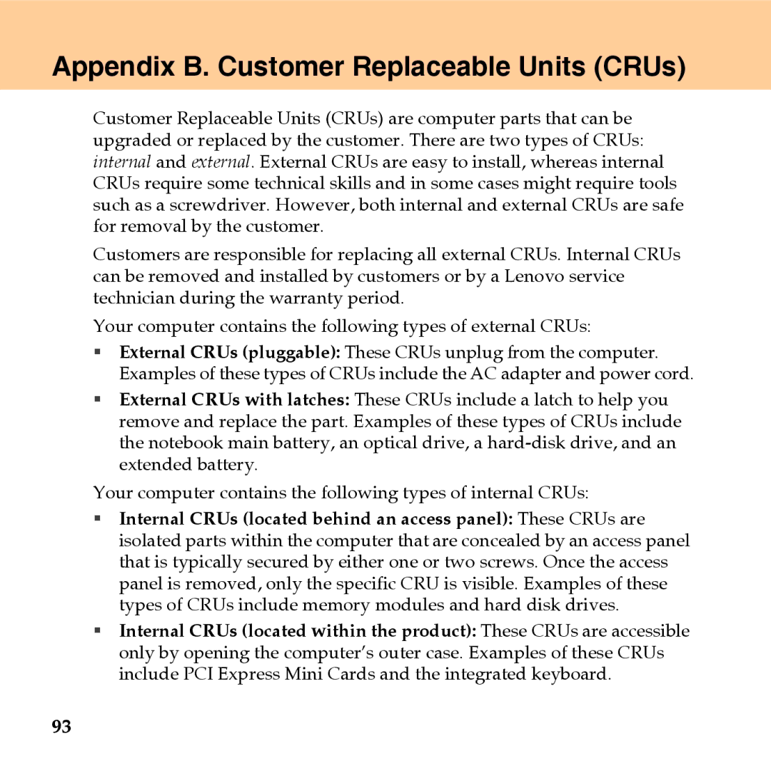 Lenovo U110 manual Appendix B. Customer Replaceable Units CRUs 