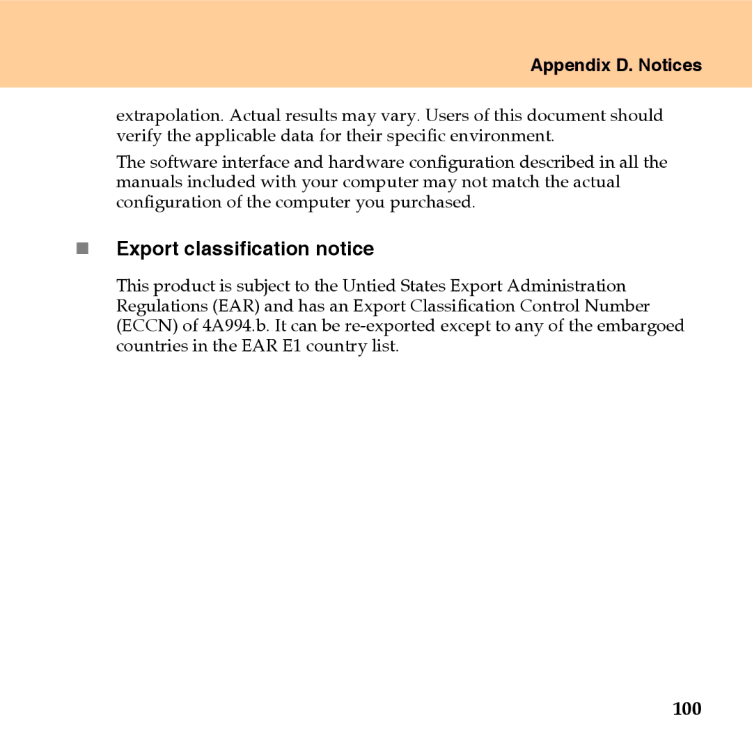 Lenovo U110 manual „ Export classification notice, 100 