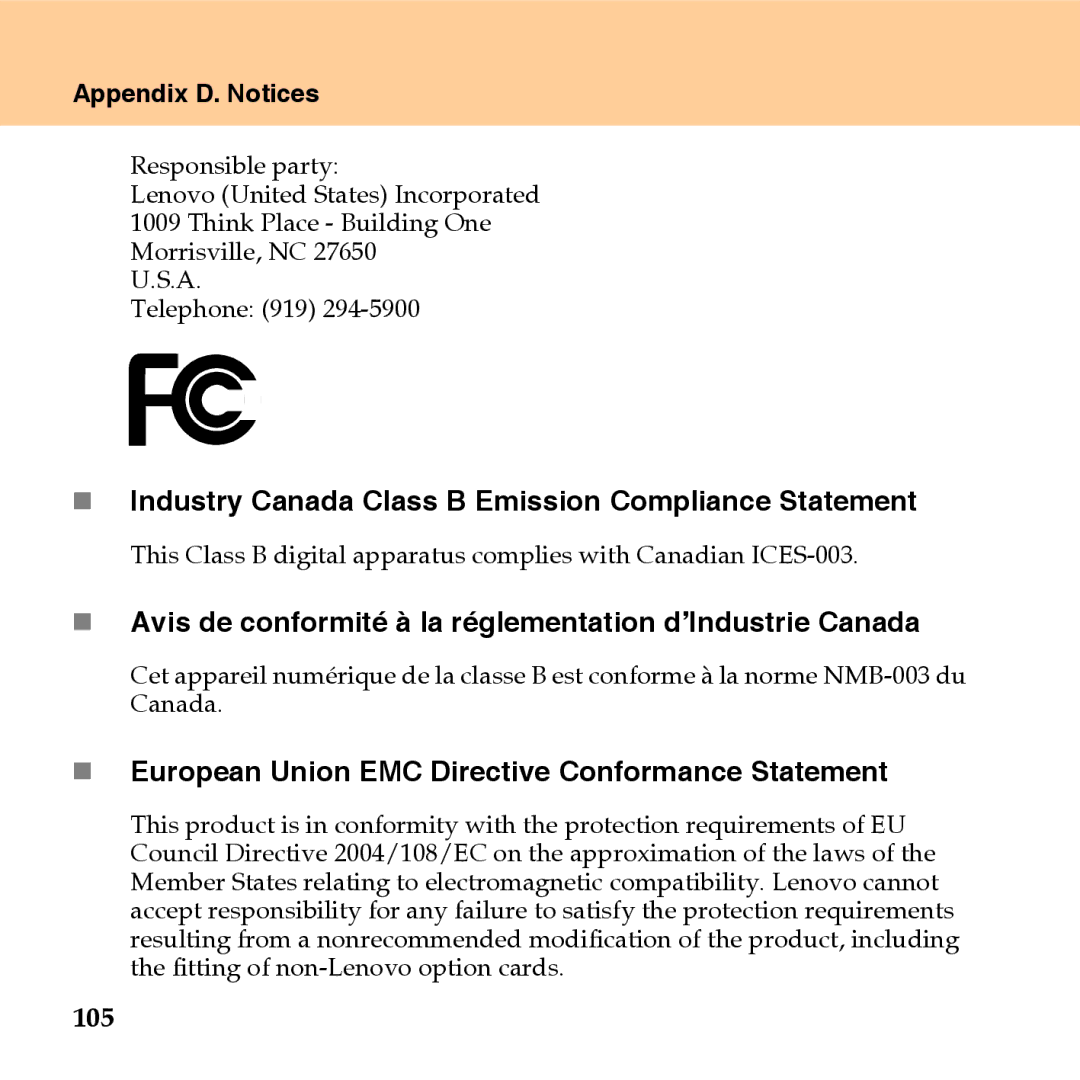 Lenovo U110 „ Industry Canada Class B Emission Compliance Statement, „ European Union EMC Directive Conformance Statement 