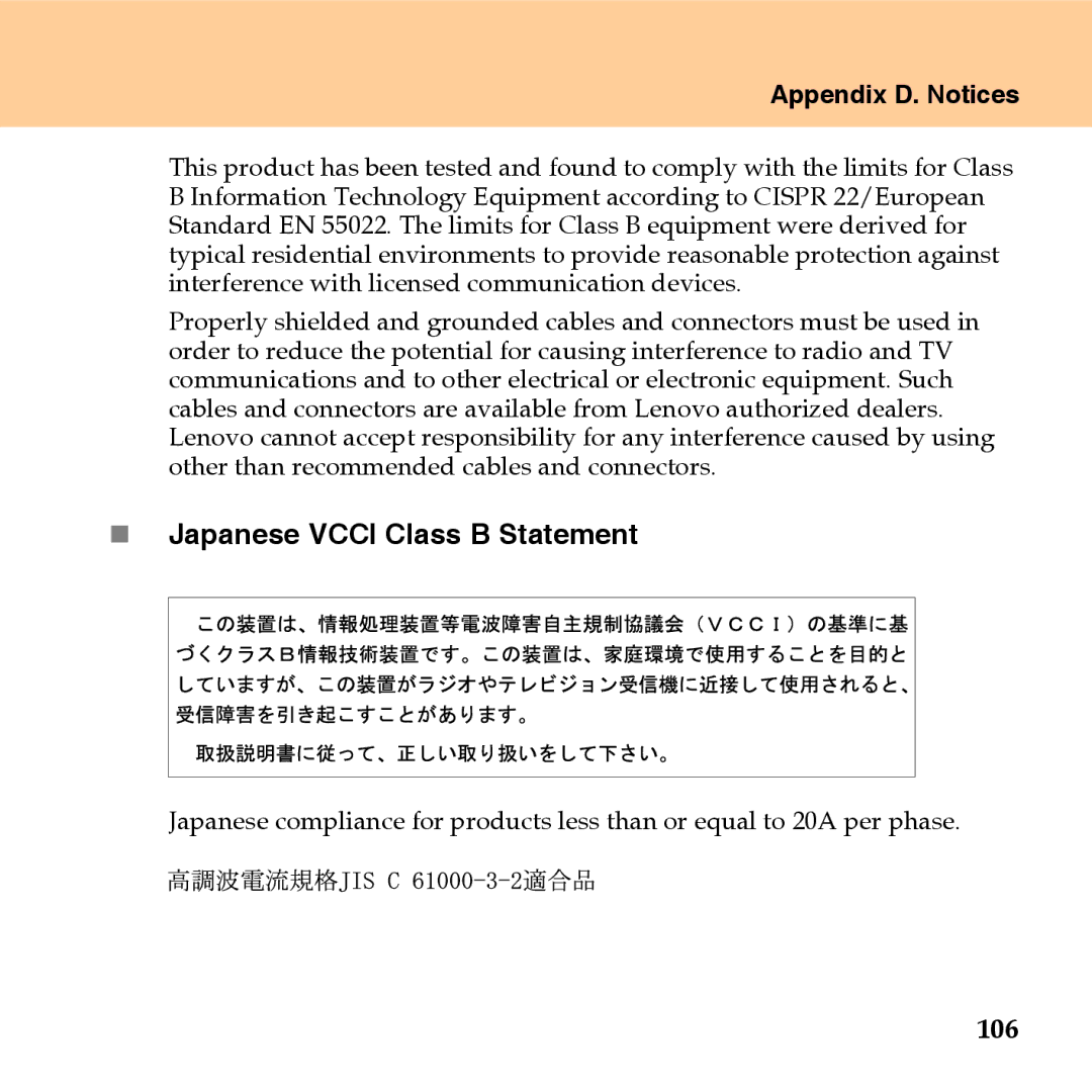 Lenovo U110 manual „ Japanese Vcci Class B Statement, 106 