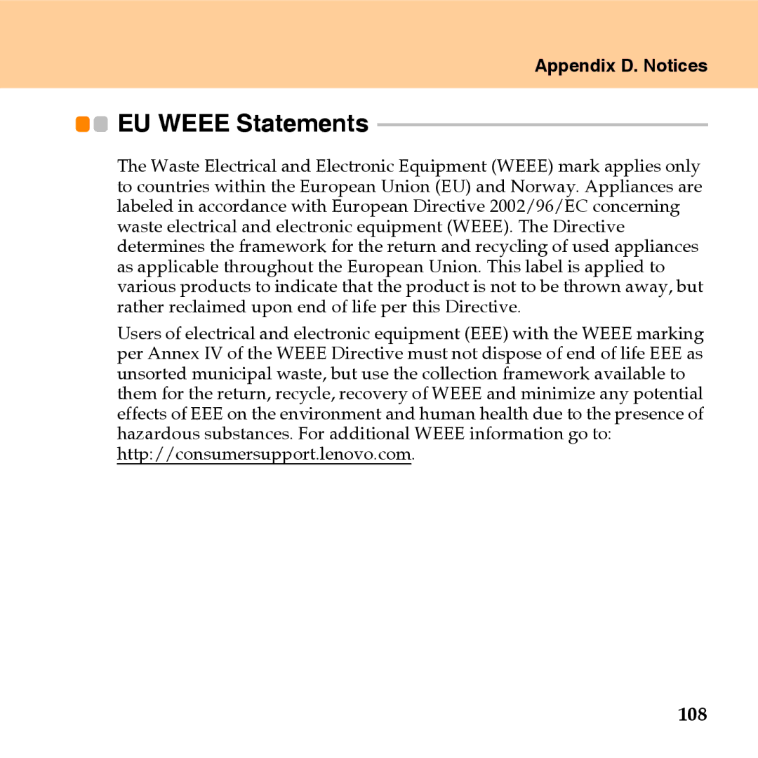 Lenovo U110 manual EU Weee Statements, 108 