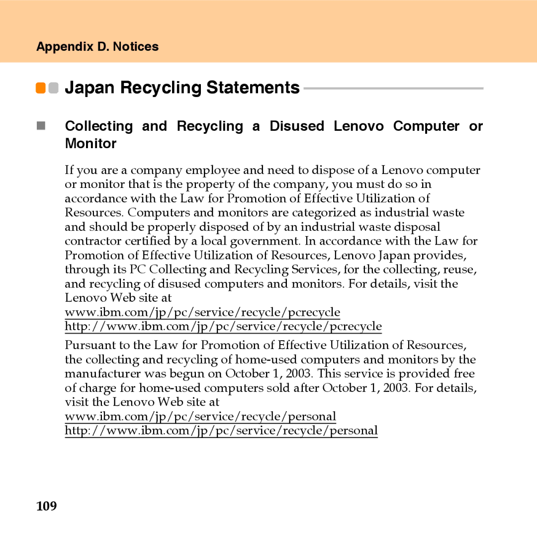 Lenovo U110 manual Japan Recycling Statements, 109 