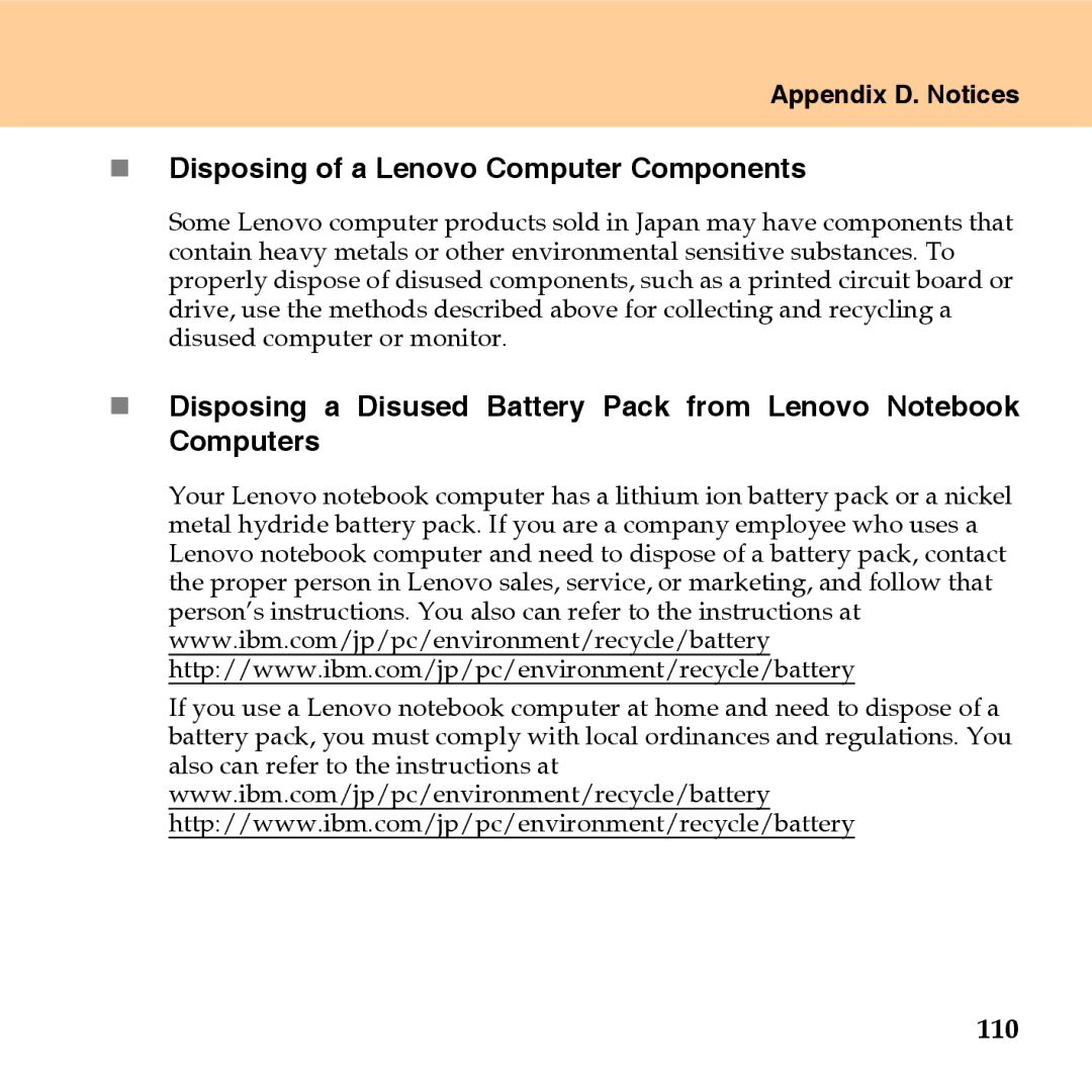 Lenovo U110 manual „ Disposing of a Lenovo Computer Components 