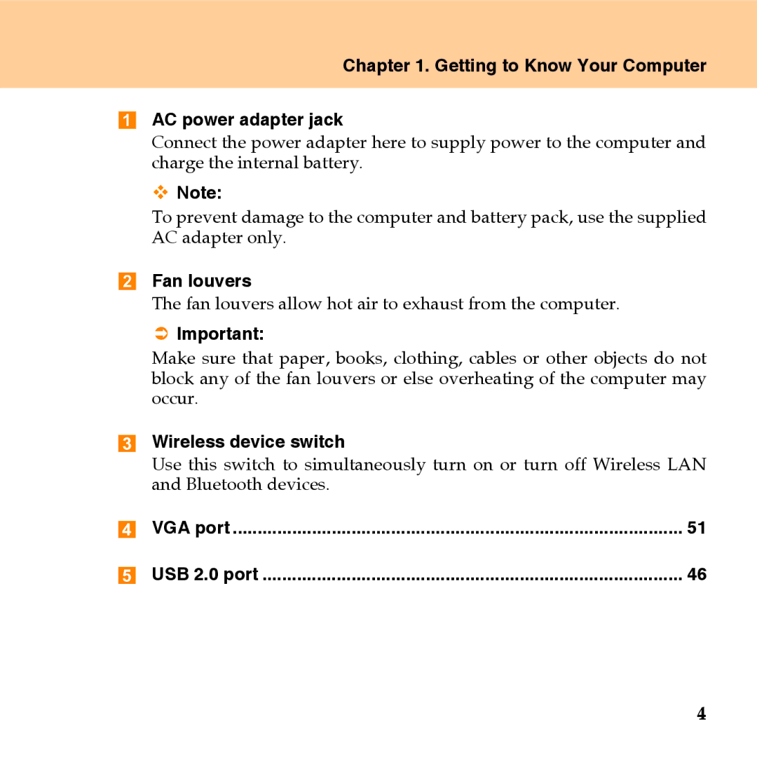 Lenovo U110 manual Getting to Know Your Computer AC power adapter jack, Fan louvers, Wireless device switch 