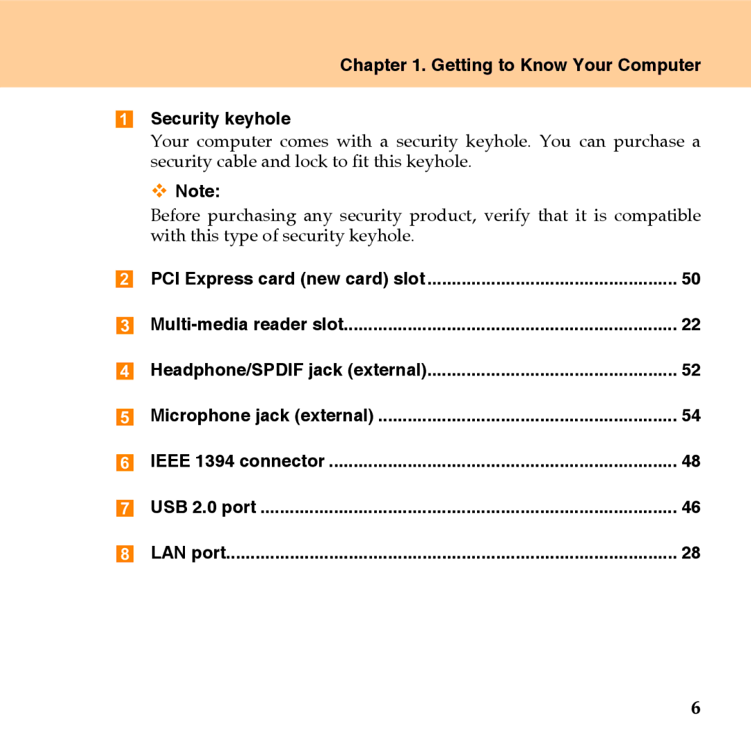 Lenovo U110 manual Getting to Know Your Computer Security keyhole 