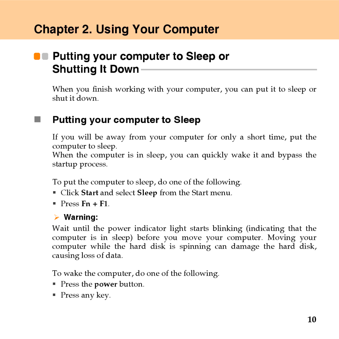 Lenovo U110 manual Using Your Computer, „ Putting your computer to Sleep 