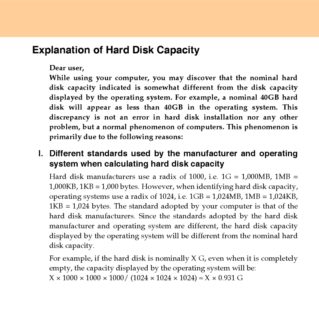 Lenovo U110 manual Explanation of Hard Disk Capacity 