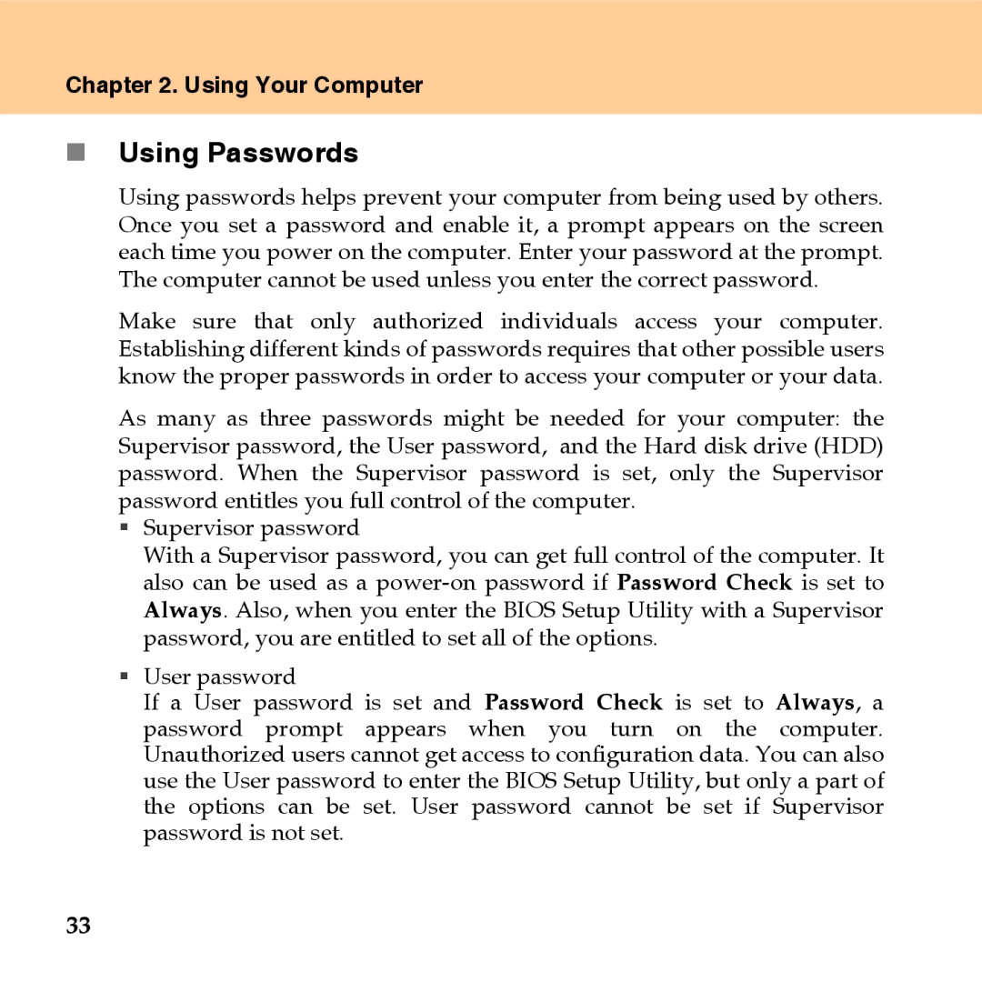 Lenovo U110 manual „ Using Passwords 