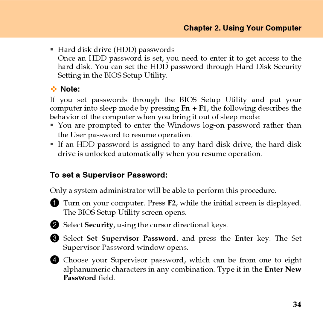 Lenovo U110 manual To set a Supervisor Password 