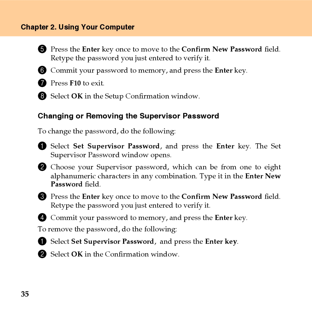 Lenovo U110 manual Changing or Removing the Supervisor Password 