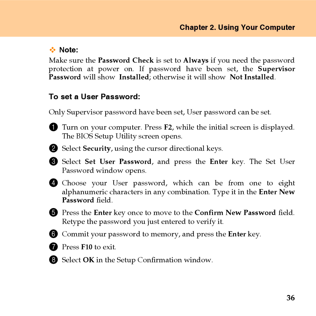 Lenovo U110 manual To set a User Password 