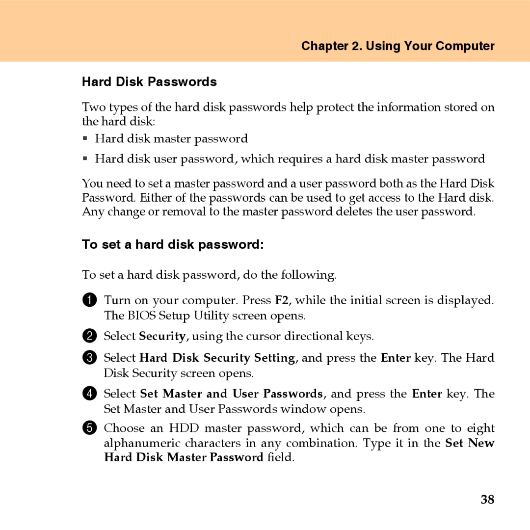 Lenovo U110 manual Using Your Computer Hard Disk Passwords, To set a hard disk password 