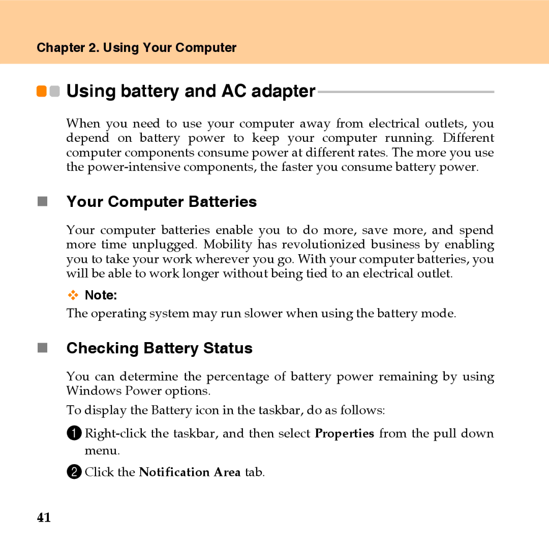 Lenovo U110 manual Using battery and AC adapter, „ Your Computer Batteries, „ Checking Battery Status 