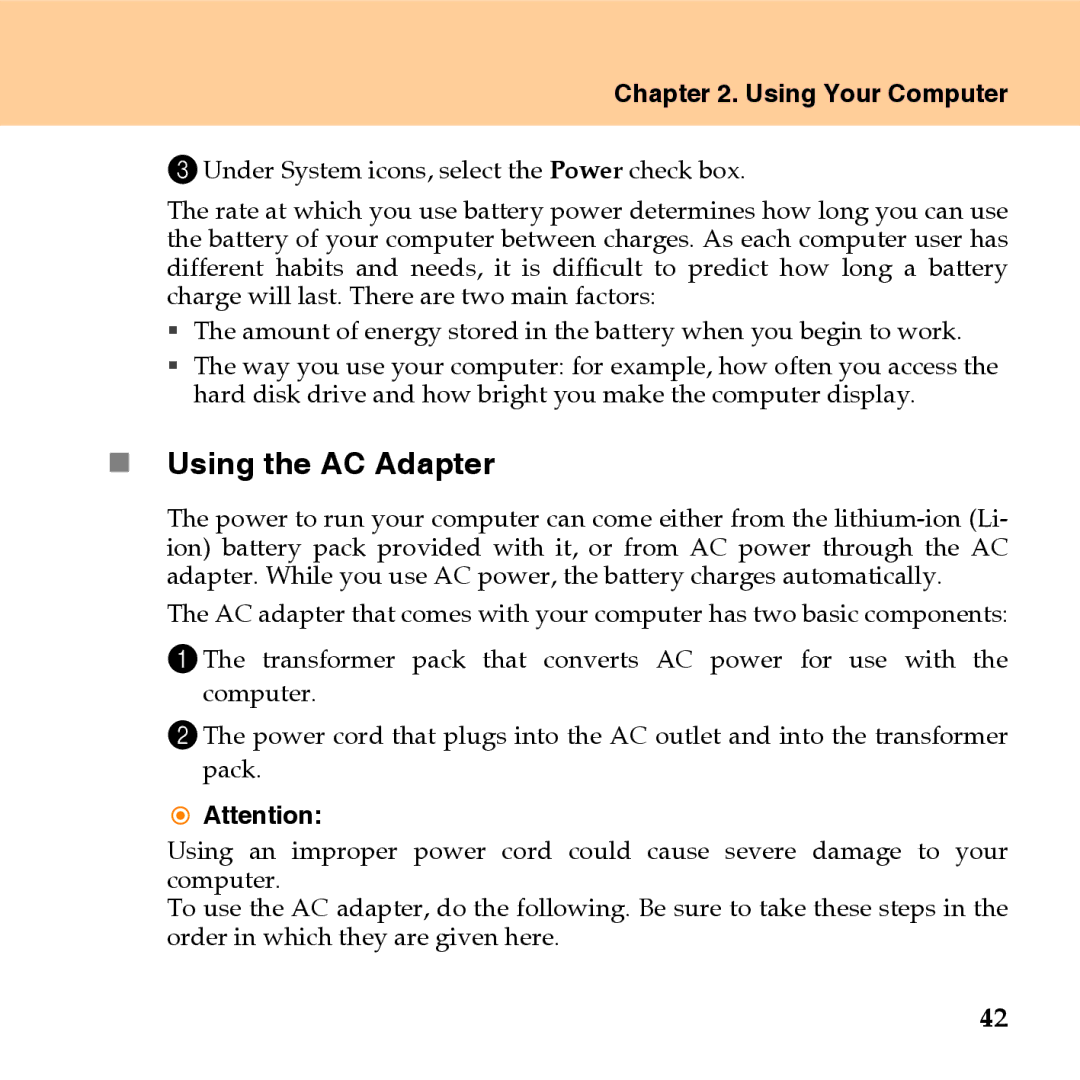 Lenovo U110 manual „ Using the AC Adapter 