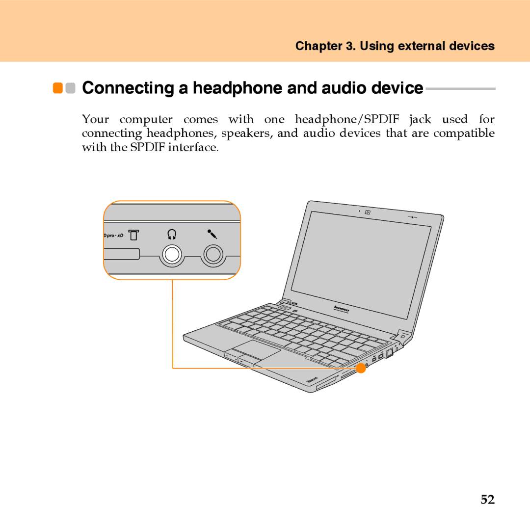 Lenovo U110 manual Connecting a headphone and audio device 