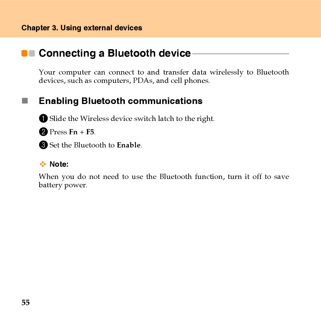 Lenovo U110 manual Connecting a Bluetooth device, „ Enabling Bluetooth communications 