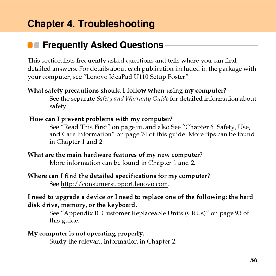 Lenovo U110 manual Troubleshooting, Frequently Asked Questions 