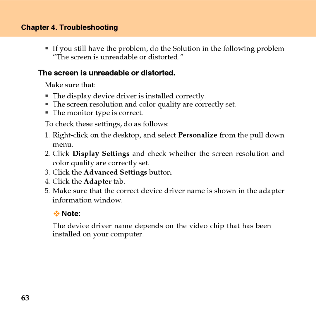 Lenovo U110 manual Screen is unreadable or distorted, Click the Advanced Settings button 