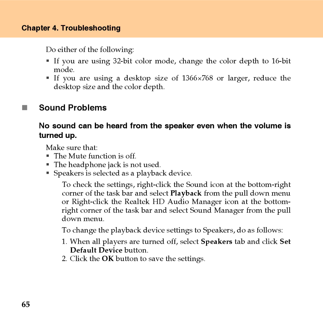 Lenovo U110 manual „ Sound Problems 