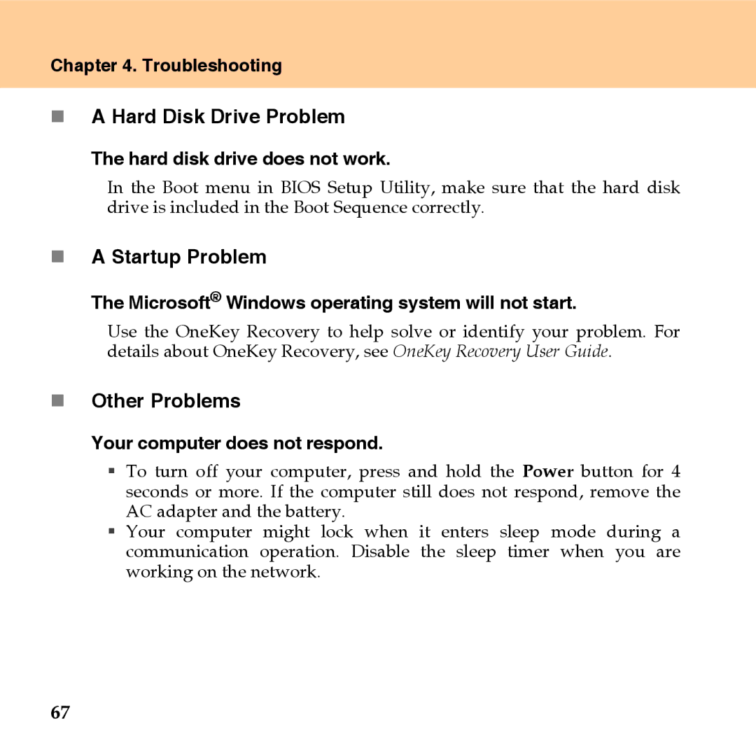 Lenovo U110 manual „ a Hard Disk Drive Problem, „ a Startup Problem, „ Other Problems 