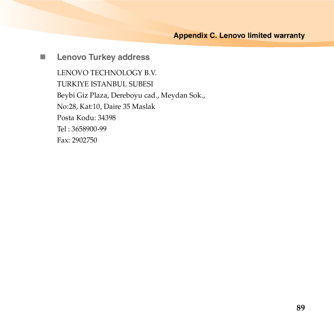 Lenovo U150 manual „ Lenovo Turkey address, Lenovo Technology B.V. Turkiye Istanbul Subesi 