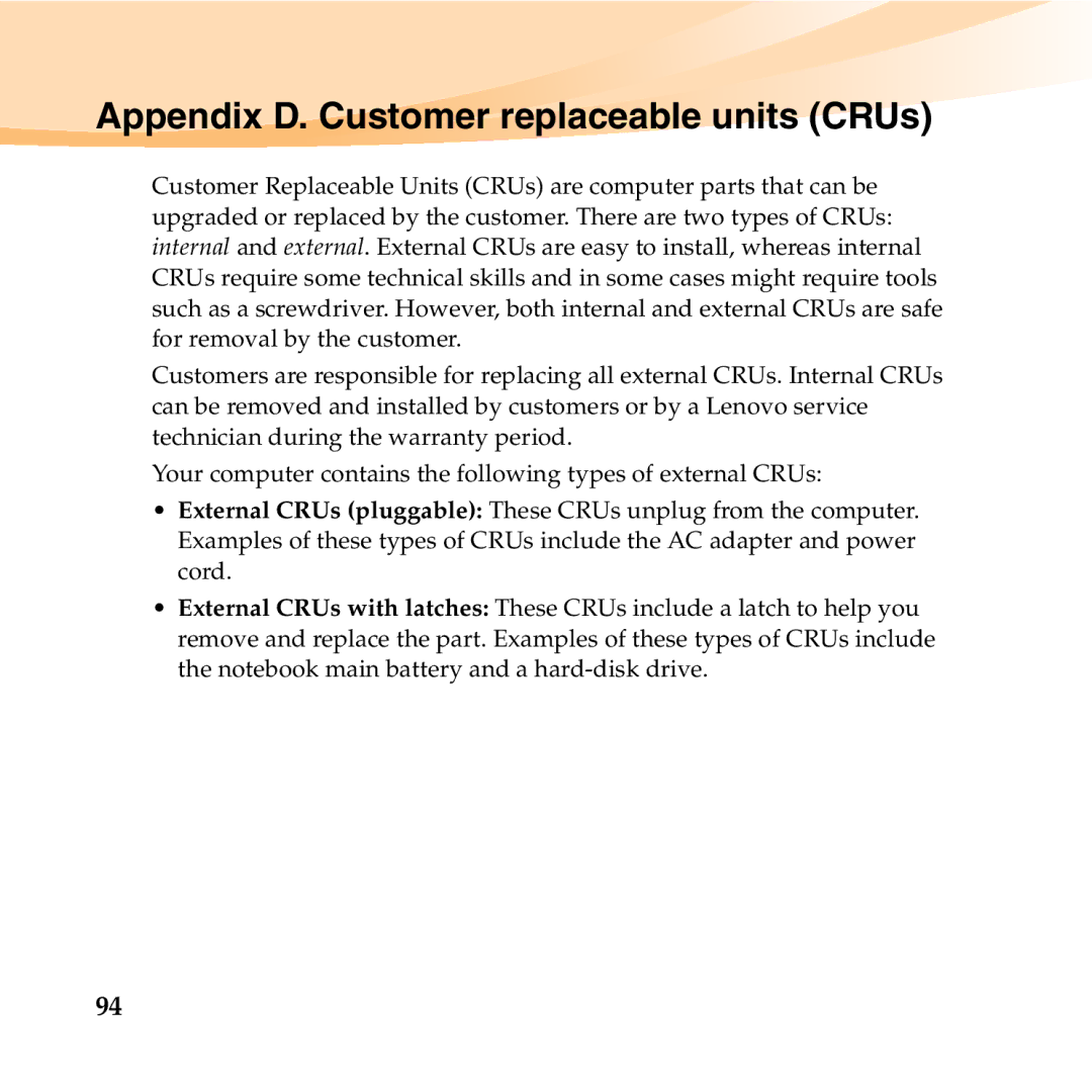 Lenovo U150 manual Appendix D. Customer replaceable units CRUs 