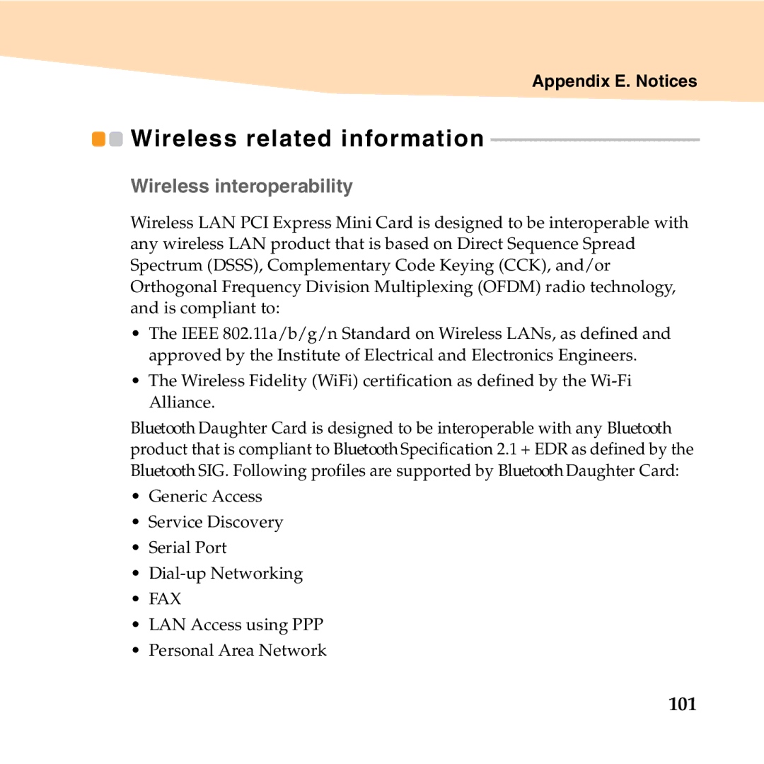 Lenovo U150 manual Wireless related information, „ Wireless interoperability, 101 