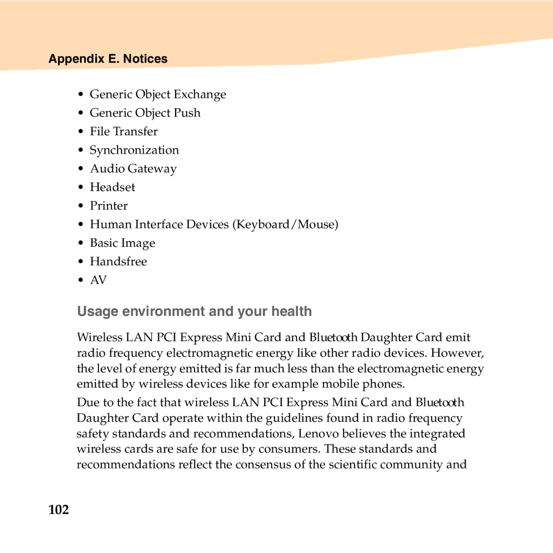 Lenovo U150 manual „ Usage environment and your health, 102 