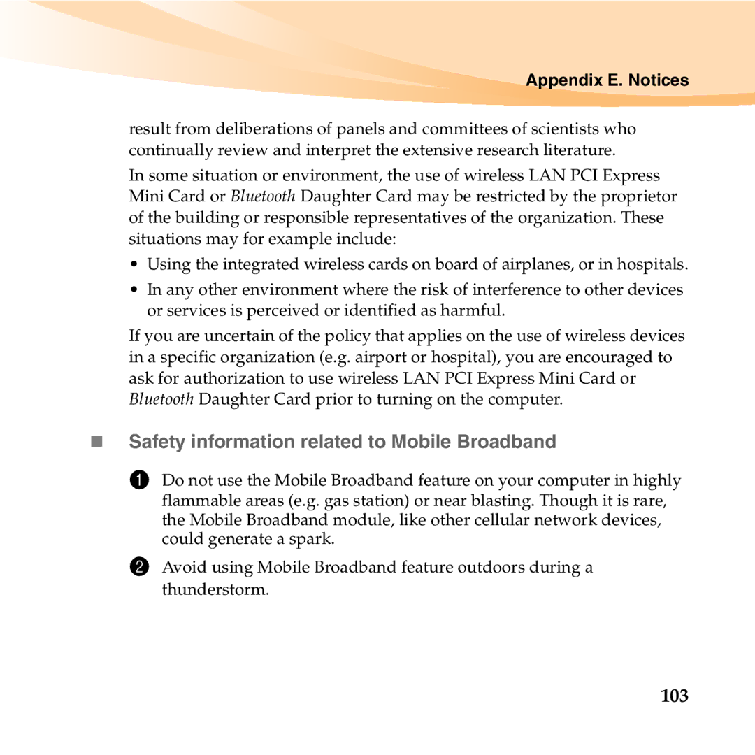 Lenovo U150 manual „ Safety information related to Mobile Broadband, 103 