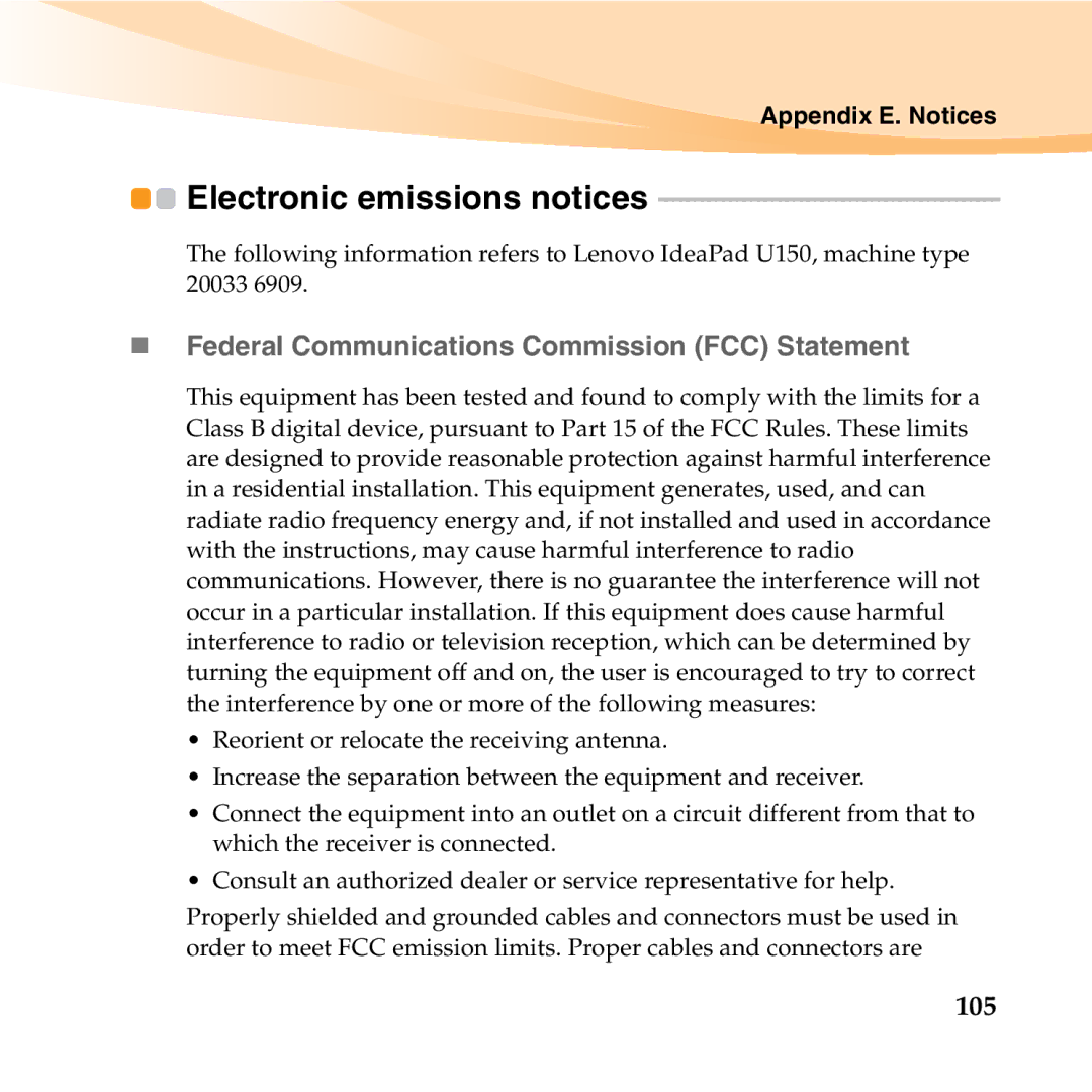 Lenovo U150 manual Electronic emissions notices, „ Federal Communications Commission FCC Statement, 105 