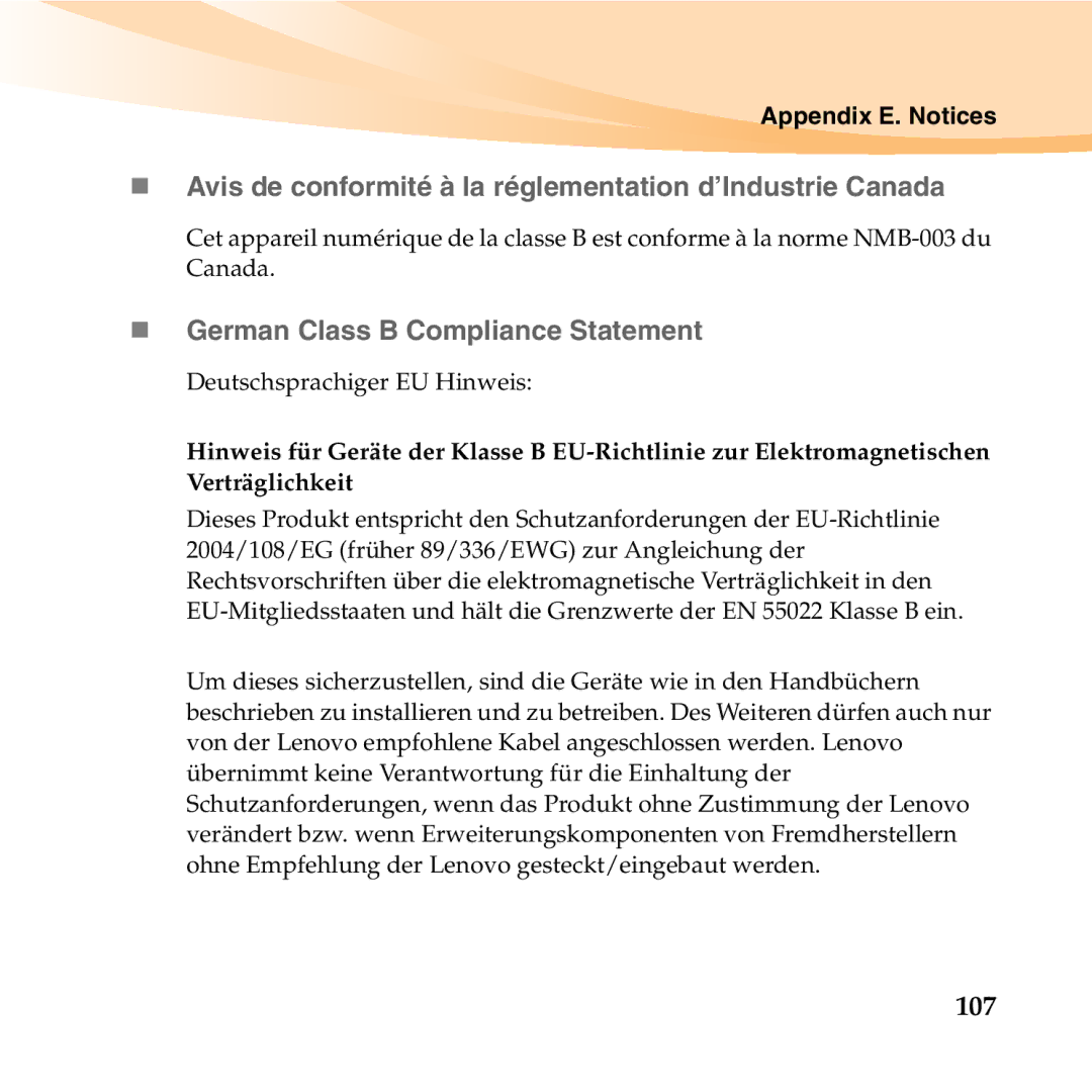 Lenovo U150 manual „ Avis de conformité à la réglementation d’Industrie Canada, „ German Class B Compliance Statement, 107 