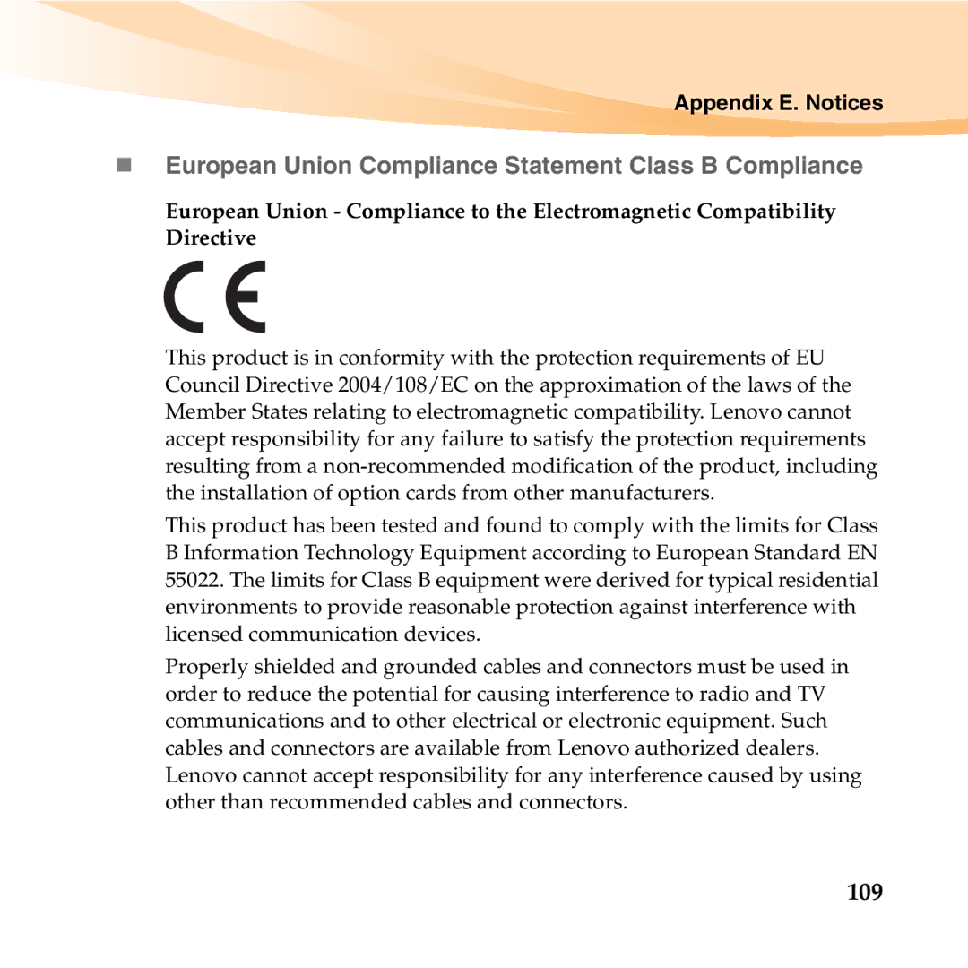 Lenovo U150 manual „ European Union Compliance Statement Class B Compliance, 109 