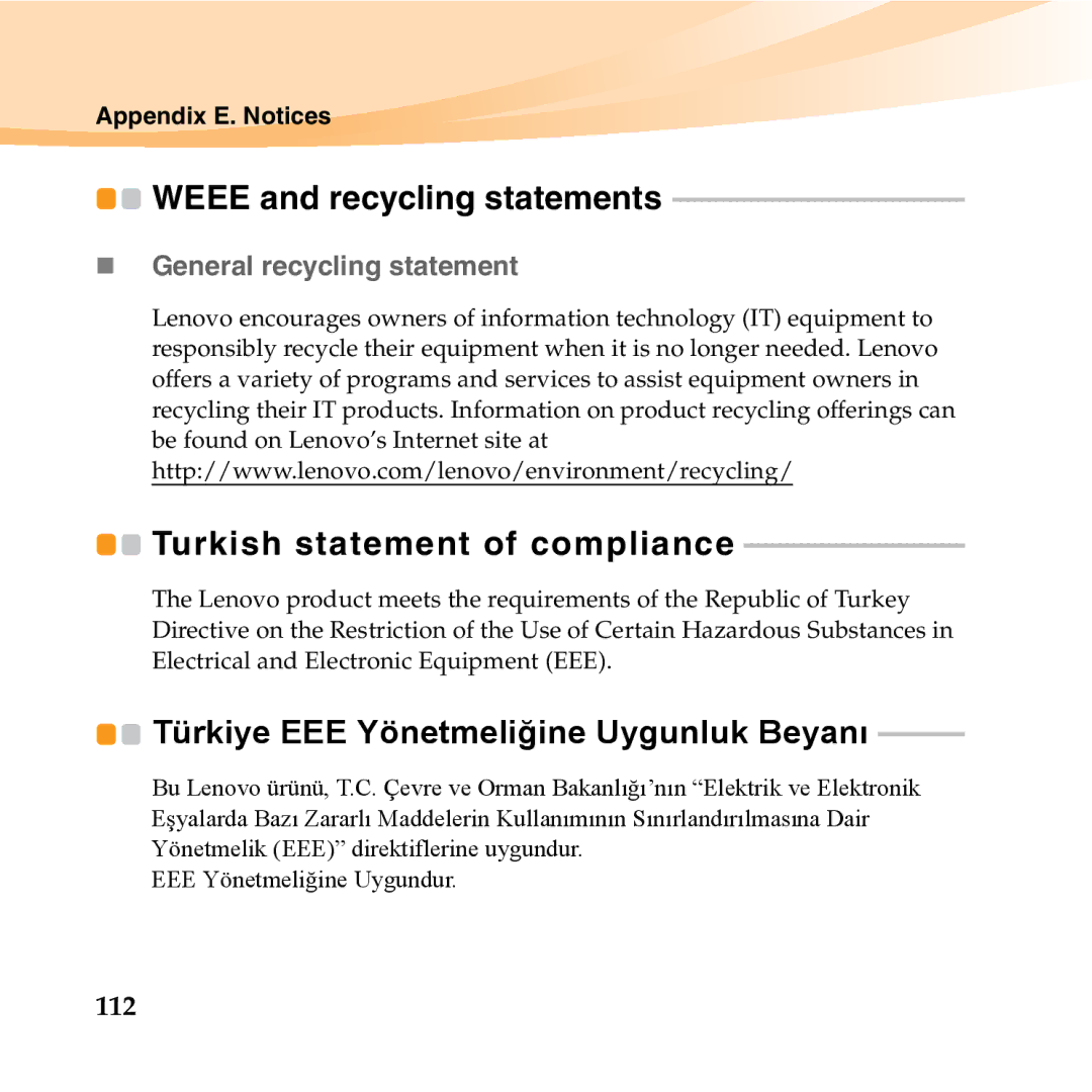 Lenovo U150 manual Weee and recycling statements, „ General recycling statement, 112 