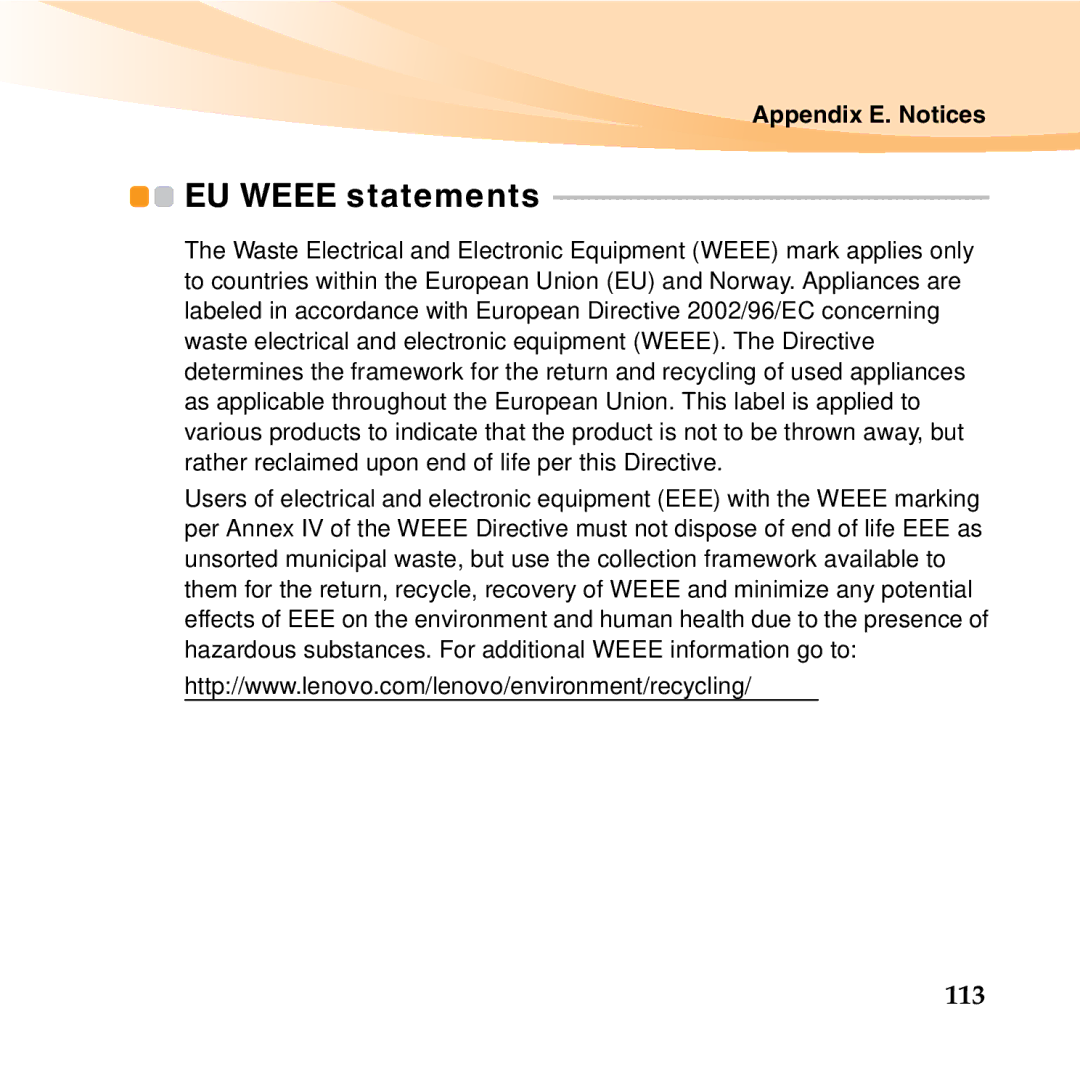 Lenovo U150 manual EU Weee statements, 113 