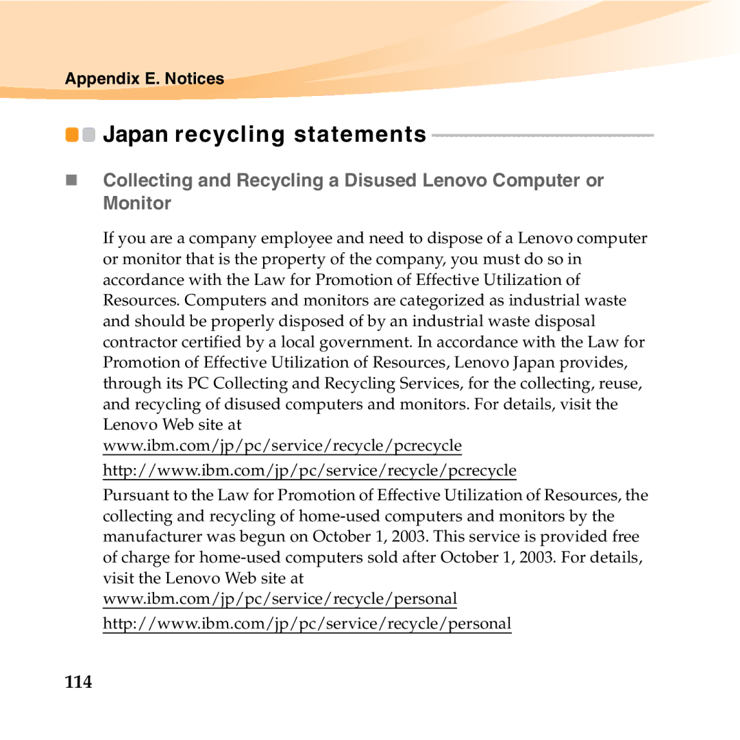 Lenovo U150 manual Japan recycling statements, 114 