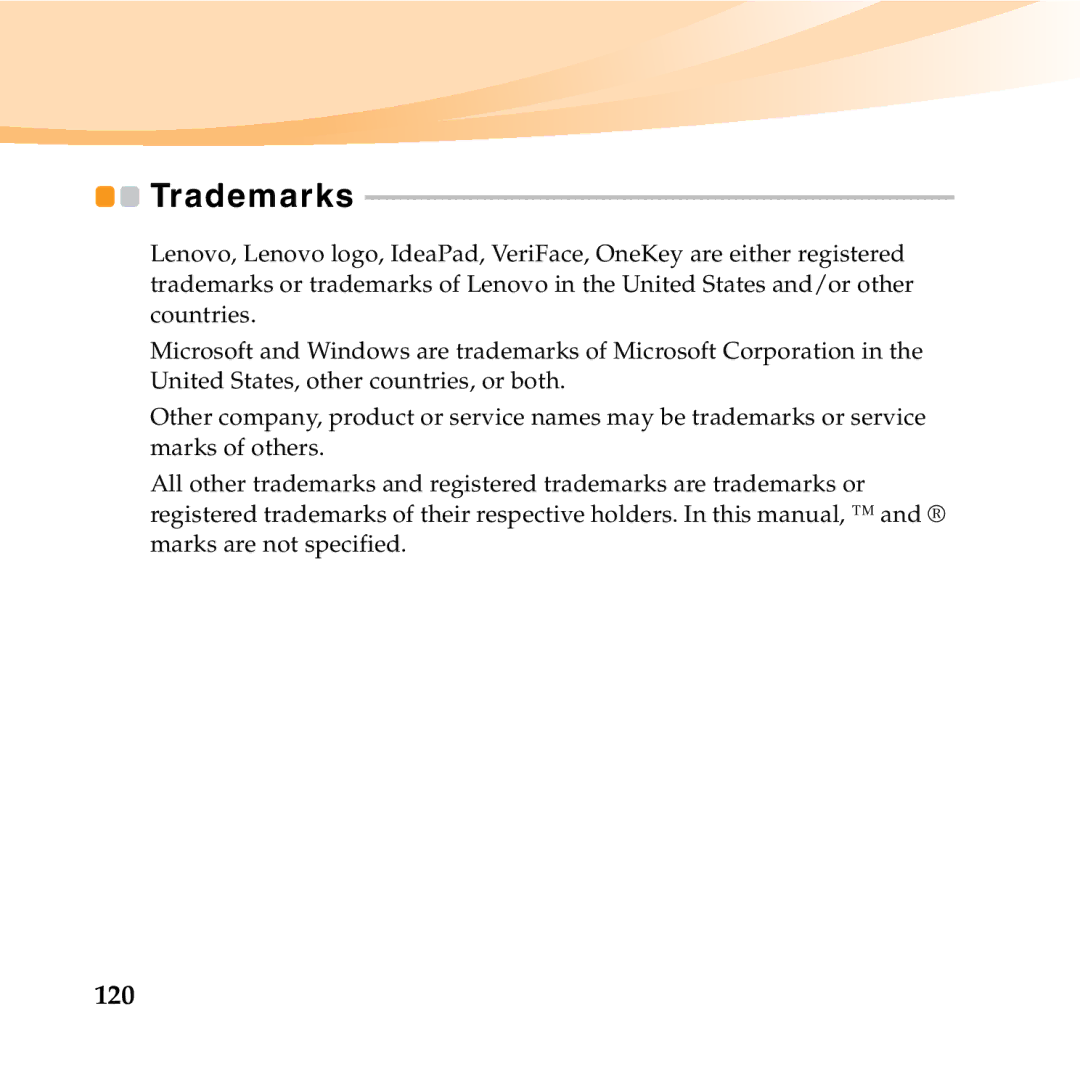 Lenovo U150 manual Trademarks, 120 