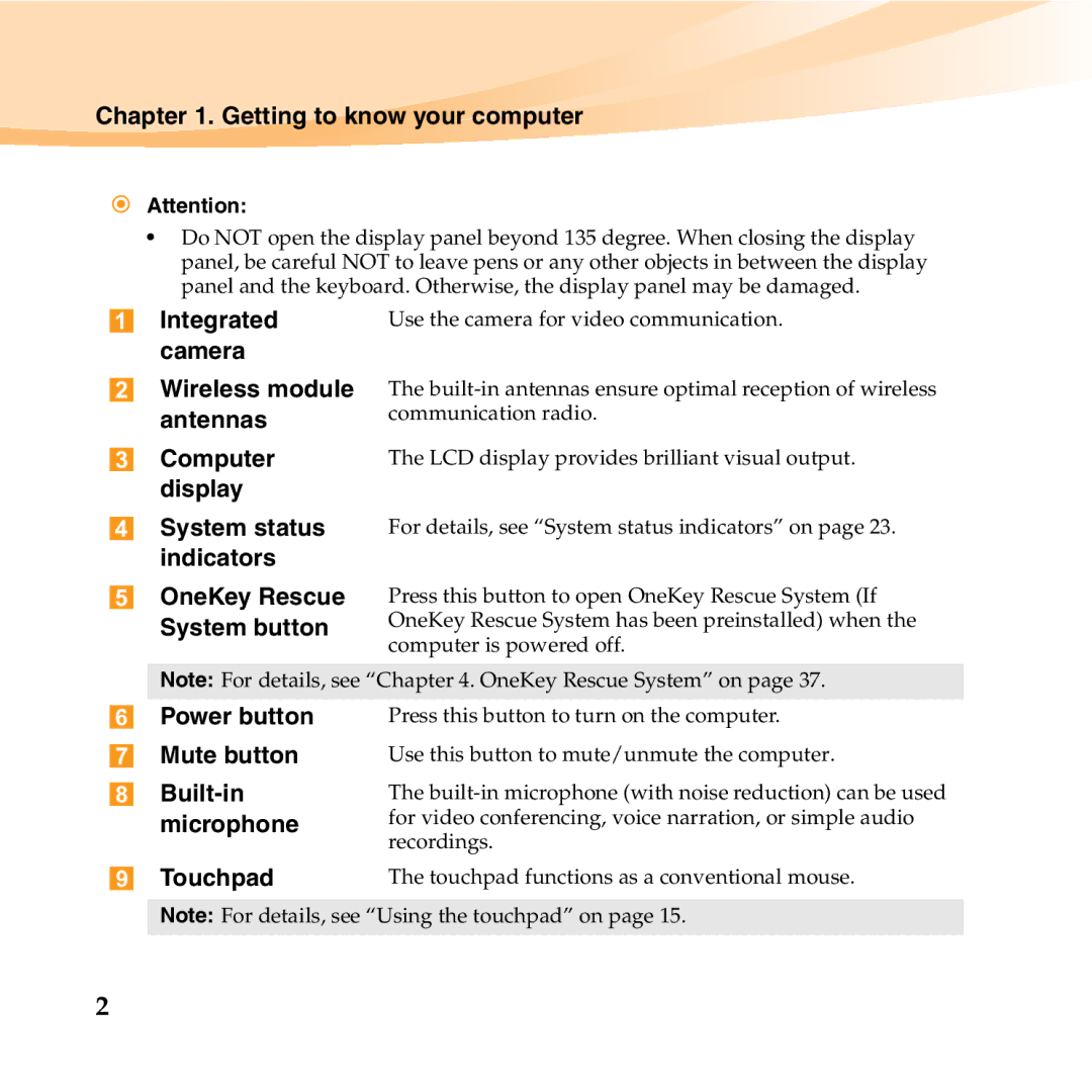 Lenovo U150 manual Getting to know your computer, Integrated, Camera, Power button Mute button, Touchpad 