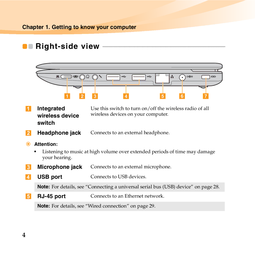 Lenovo U150 manual Right-side view, Switch, USB port, RJ-45 port 