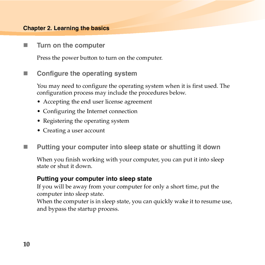 Lenovo U150 manual „ Turn on the computer, „ Configure the operating system, Learning the basics 