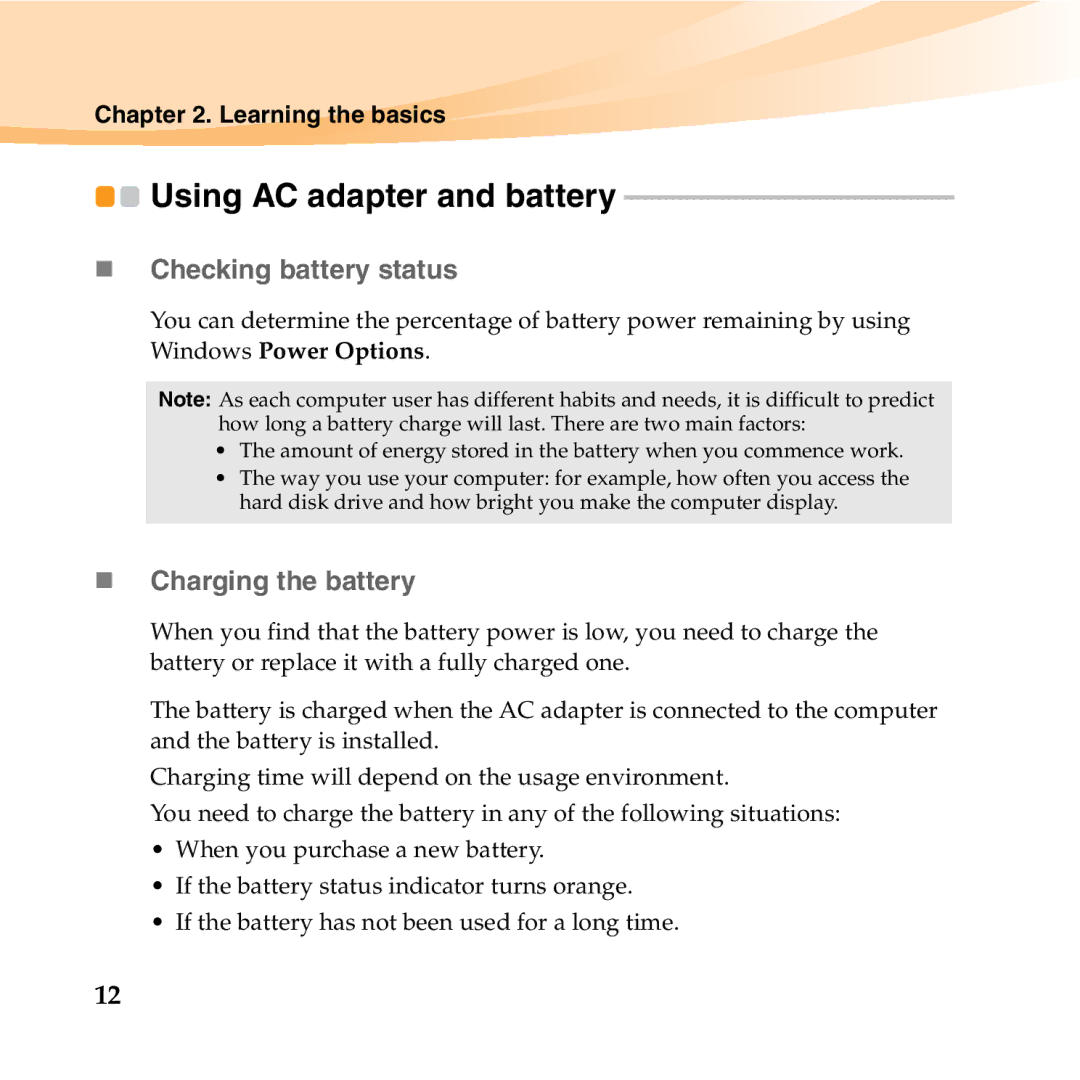 Lenovo U150 manual Using AC adapter and battery, „ Checking battery status, „ Charging the battery 