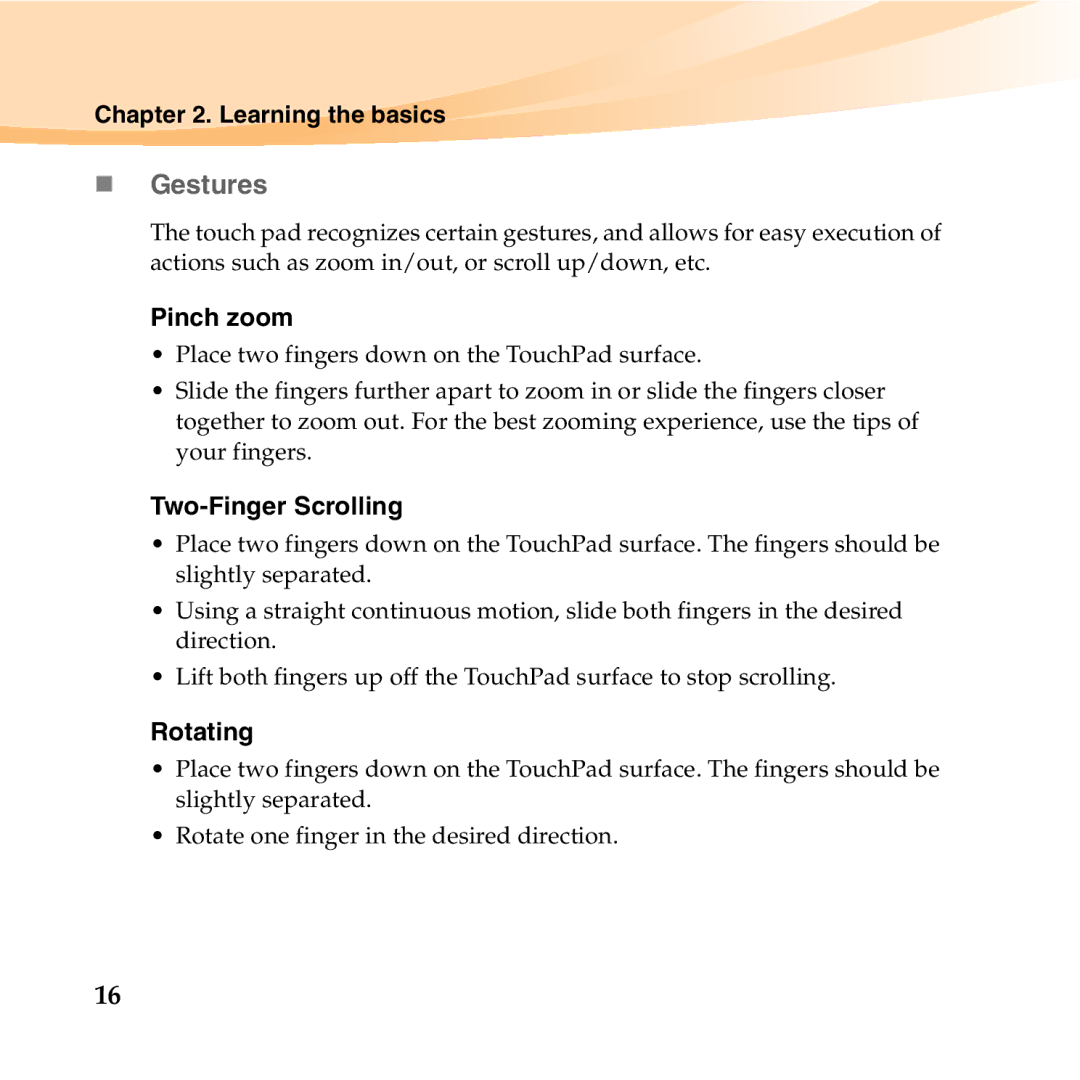 Lenovo U150 manual „ Gestures, Pinch zoom, Two-Finger Scrolling, Rotating 